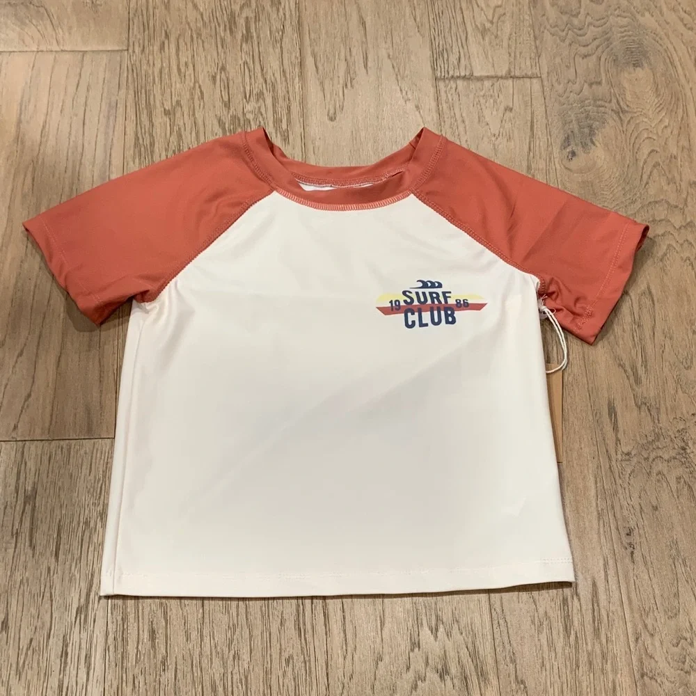 NWT Kids Surf Club Rashguard Swim Top - White and Coral Sleeves Size 7